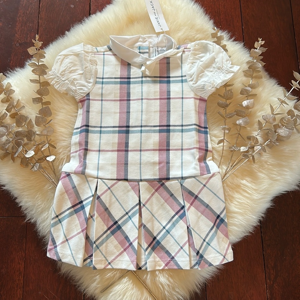Janie and Jack Plaid Dress in Cream, Pink & Blue nwot